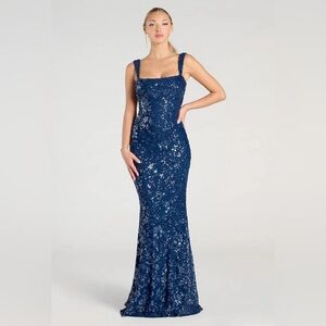 Windsor Navy Sequin Square-Neck Maxi Gown